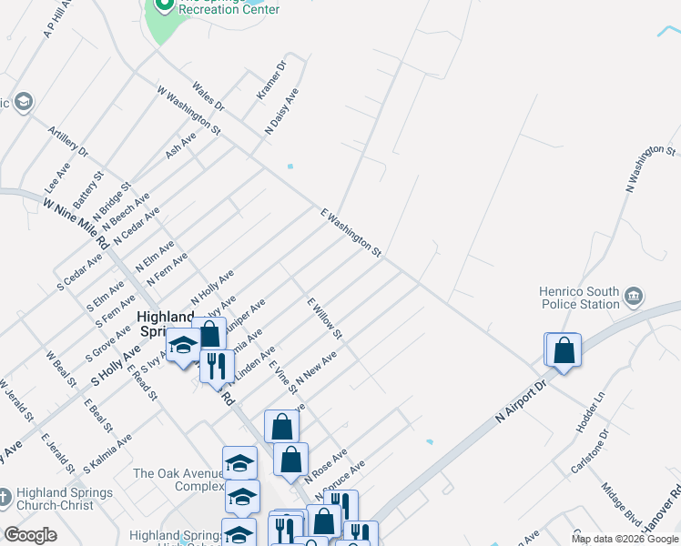 map of restaurants, bars, coffee shops, grocery stores, and more near 227 North Kalmia Avenue in Highland Springs