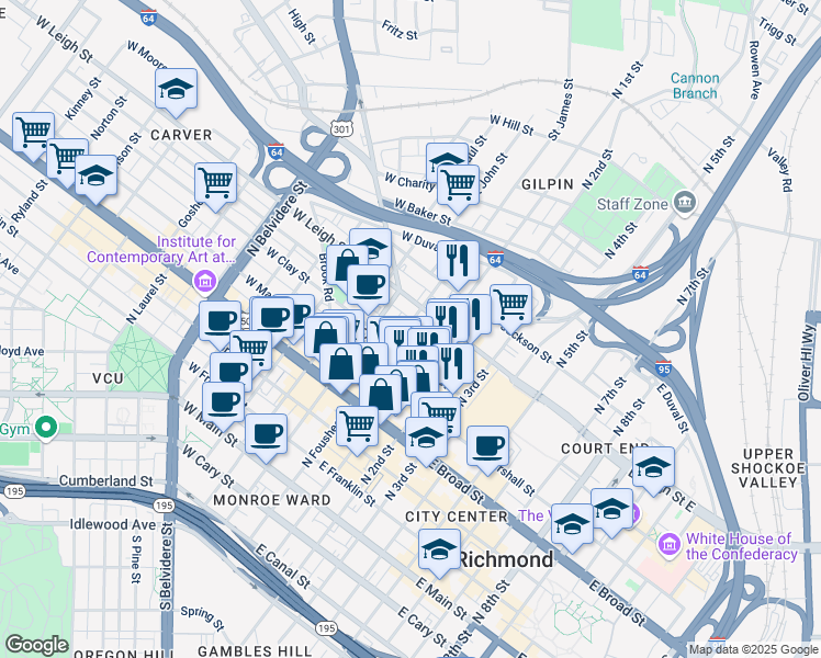 map of restaurants, bars, coffee shops, grocery stores, and more near in Richmond