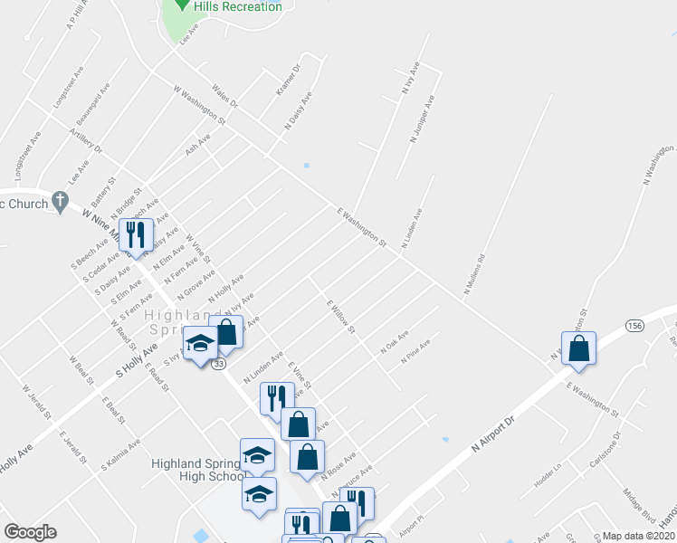 map of restaurants, bars, coffee shops, grocery stores, and more near 212 North Kalmia Avenue in Henrico
