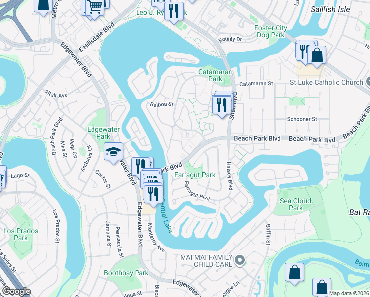 map of restaurants, bars, coffee shops, grocery stores, and more near 851 Peary Lane in Foster City