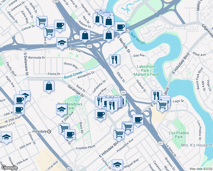 map of restaurants, bars, coffee shops, grocery stores, and more near 1133 Wayne Way in San Mateo