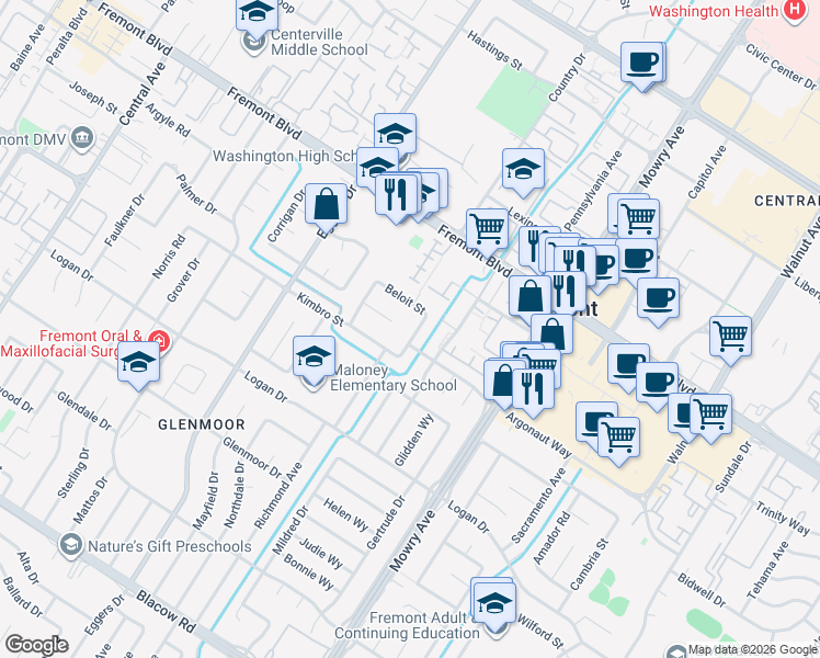 map of restaurants, bars, coffee shops, grocery stores, and more near 4237 Garland Drive in Fremont