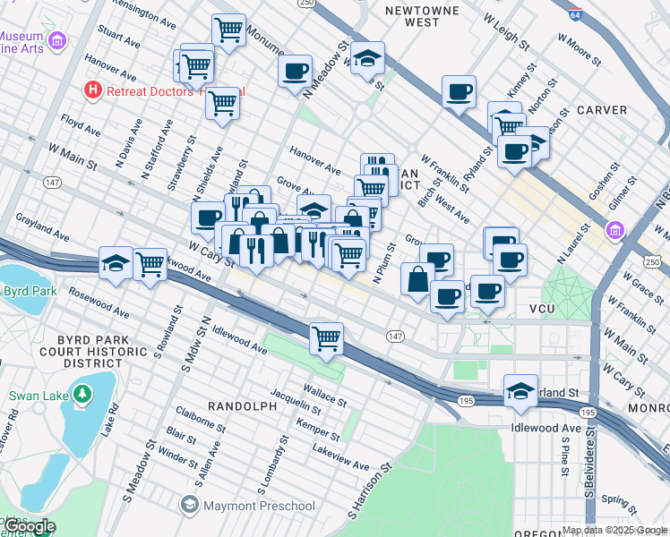 map of restaurants, bars, coffee shops, grocery stores, and more near 1616 West Main Street in Richmond