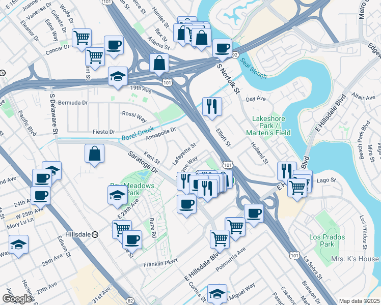 map of restaurants, bars, coffee shops, grocery stores, and more near 1118 Lafayette Street in San Mateo