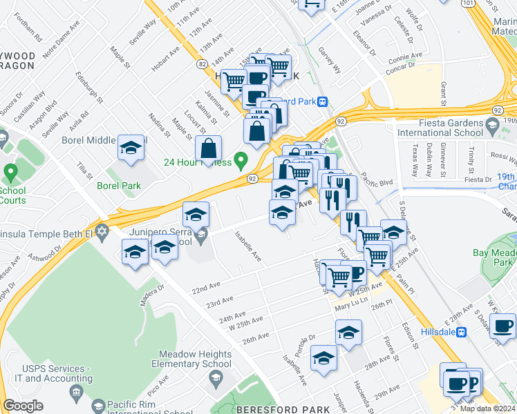 map of restaurants, bars, coffee shops, grocery stores, and more near 220 West 20th Avenue in San Mateo