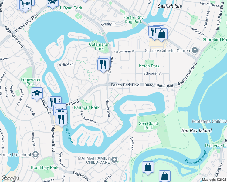 map of restaurants, bars, coffee shops, grocery stores, and more near 819 Spruance Lane in Foster City