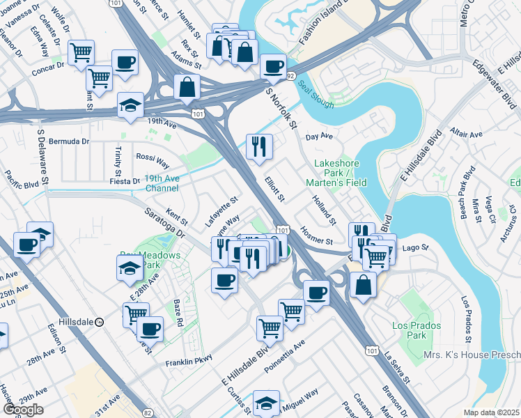 map of restaurants, bars, coffee shops, grocery stores, and more near 1205 Wayne Way in San Mateo