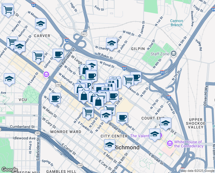 map of restaurants, bars, coffee shops, grocery stores, and more near 21 East Leigh Street in Richmond