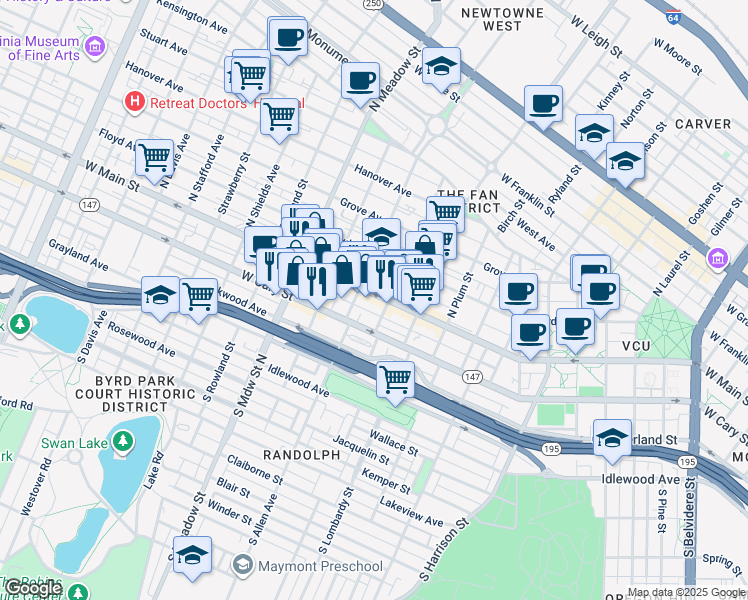 map of restaurants, bars, coffee shops, grocery stores, and more near 1721 West Main Street in Richmond