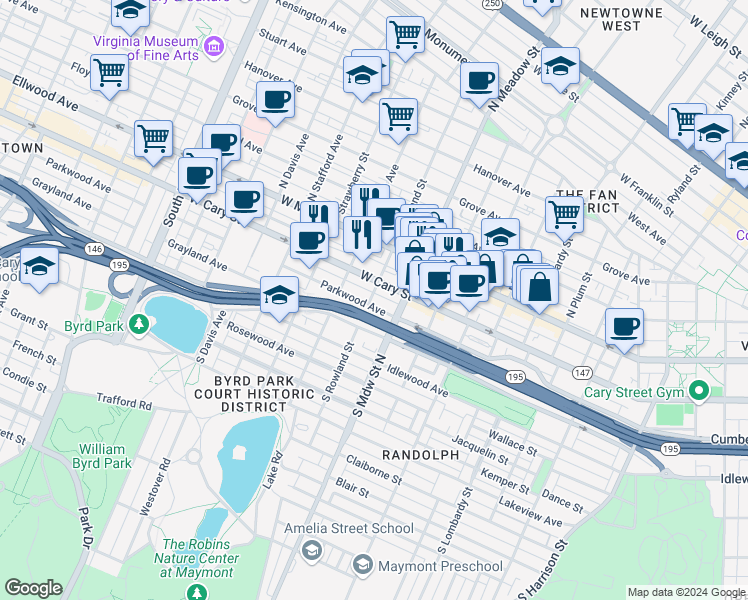map of restaurants, bars, coffee shops, grocery stores, and more near 2015 West Cary Street in Richmond