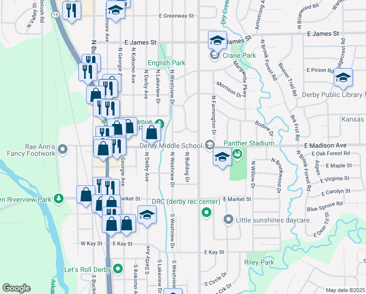 map of restaurants, bars, coffee shops, grocery stores, and more near 700 East Madison Avenue in Derby