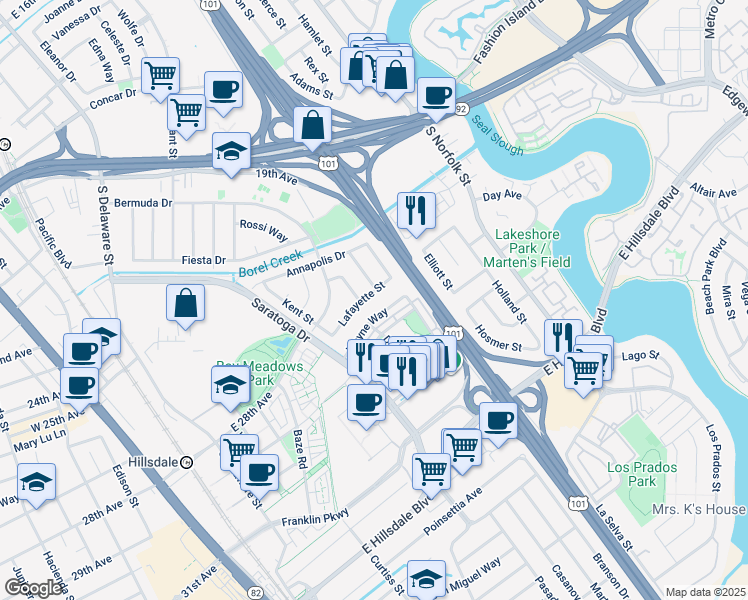 map of restaurants, bars, coffee shops, grocery stores, and more near 1118 Lafayette Street in San Mateo