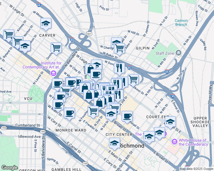 map of restaurants, bars, coffee shops, grocery stores, and more near 511 Saint James Street in Richmond