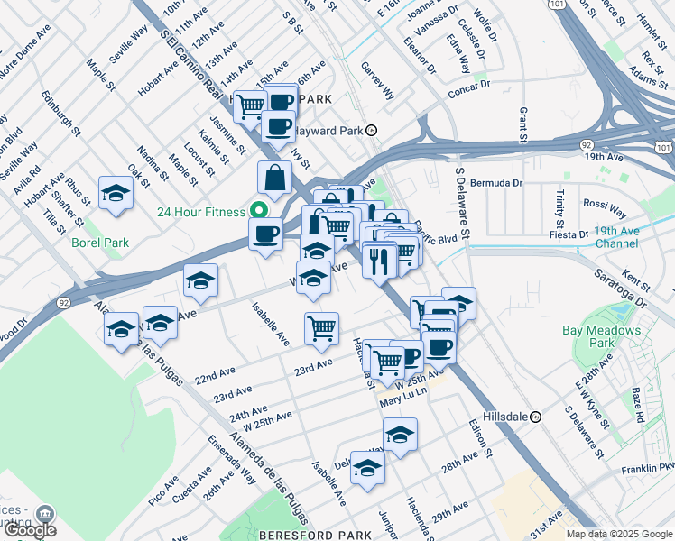 map of restaurants, bars, coffee shops, grocery stores, and more near 31 West 20th Avenue in San Mateo