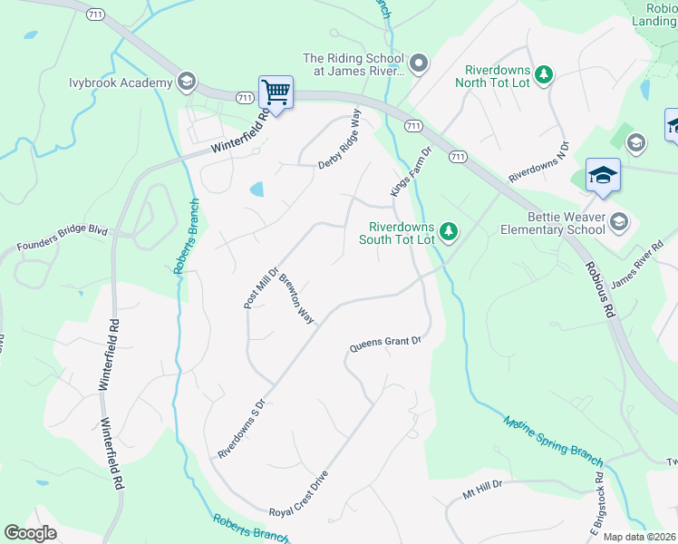 map of restaurants, bars, coffee shops, grocery stores, and more near 3307 Pond Chase Court in Midlothian