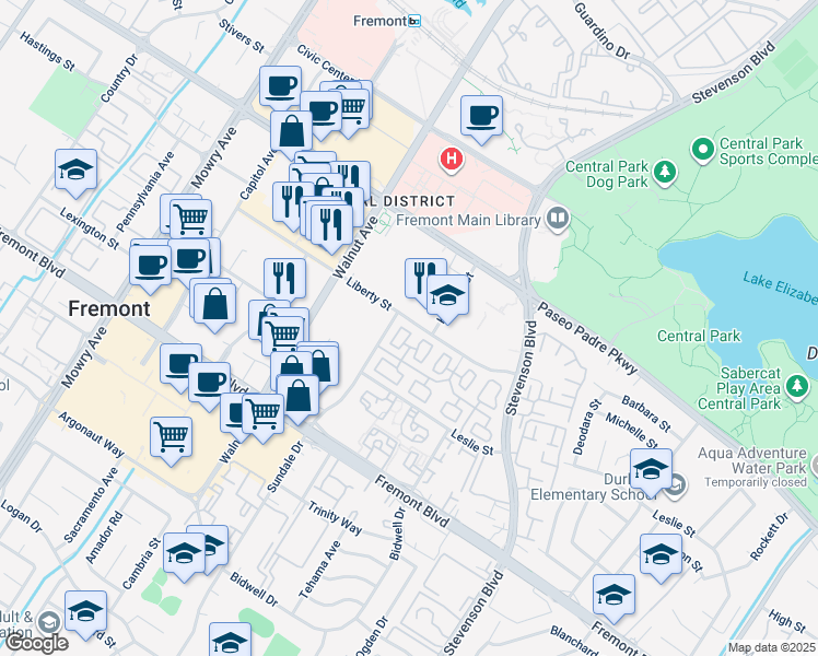 map of restaurants, bars, coffee shops, grocery stores, and more near 3455 Gilman Common in Fremont