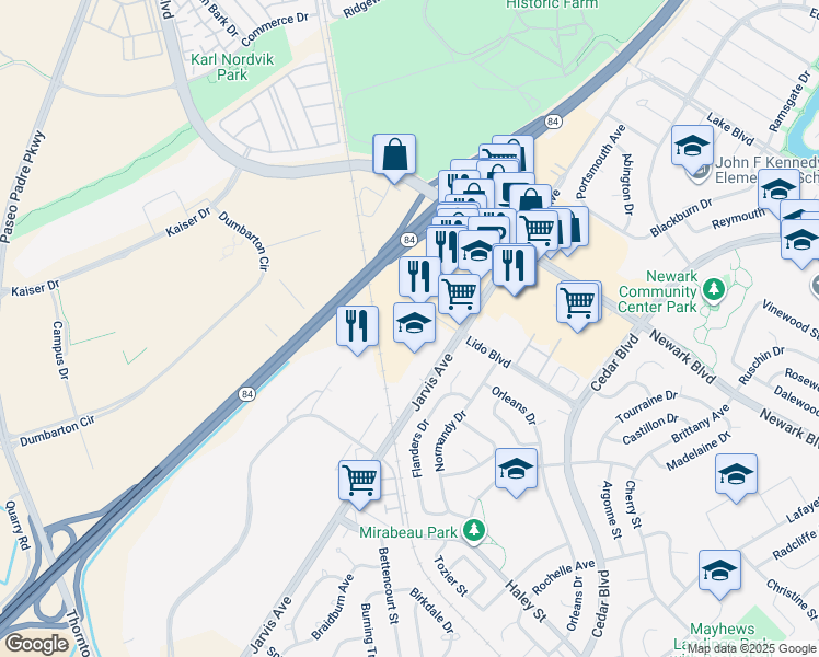 map of restaurants, bars, coffee shops, grocery stores, and more near 35461 Dumbarton Court in Newark