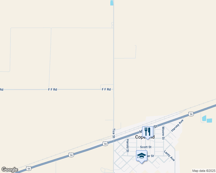 map of restaurants, bars, coffee shops, grocery stores, and more near F F Road in Copeland