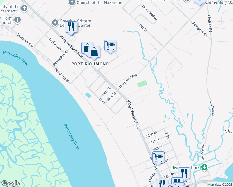 map of restaurants, bars, coffee shops, grocery stores, and more near 100 Bellwood Street in West Point