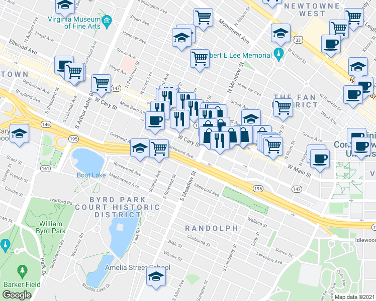 map of restaurants, bars, coffee shops, grocery stores, and more near 2015 West Cary Street in Richmond