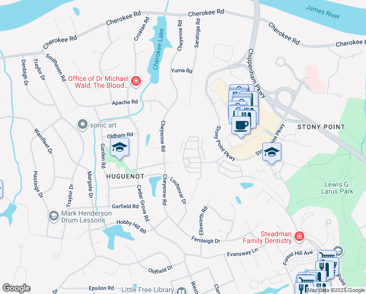 map of restaurants, bars, coffee shops, grocery stores, and more near 9471 Creek Summit Circle in Richmond