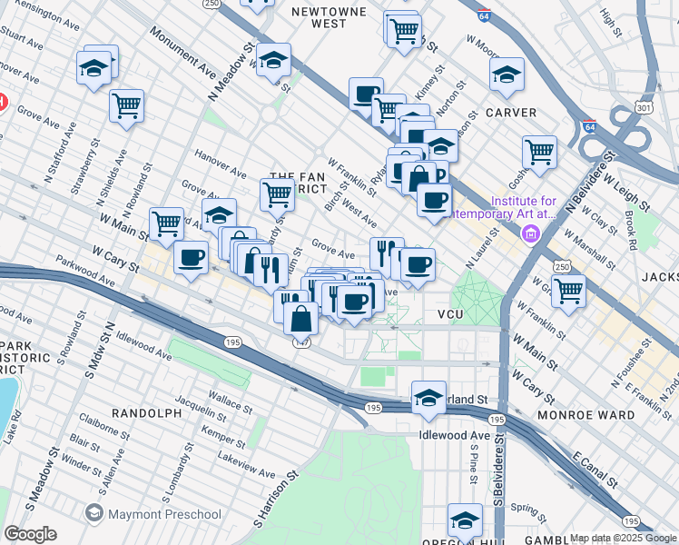 map of restaurants, bars, coffee shops, grocery stores, and more near 108 North Morris Street in Richmond