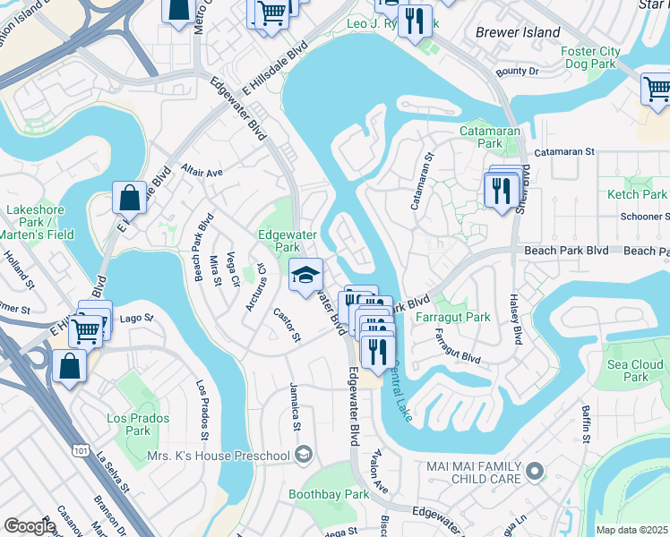 map of restaurants, bars, coffee shops, grocery stores, and more near 827 Phoenix Lane in Foster City