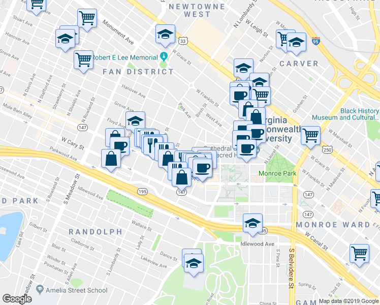 map of restaurants, bars, coffee shops, grocery stores, and more near 1402 Floyd Avenue in Richmond