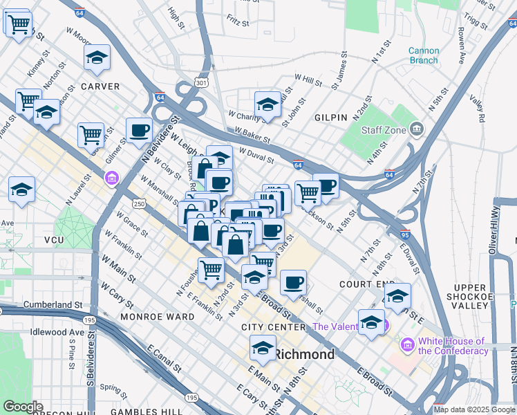 map of restaurants, bars, coffee shops, grocery stores, and more near 21 East Leigh Street in Richmond
