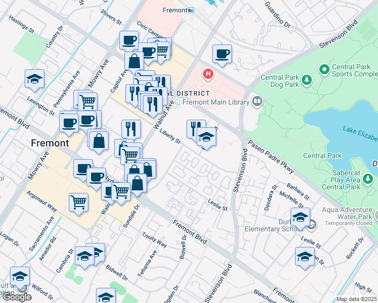 map of restaurants, bars, coffee shops, grocery stores, and more near 3455 Gilman Common in Fremont