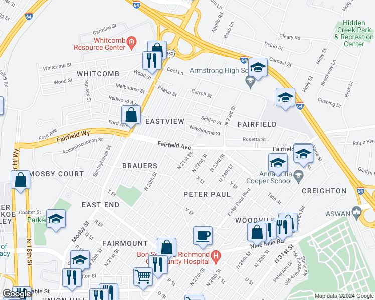 map of restaurants, bars, coffee shops, grocery stores, and more near 1816 North 21st Street in Richmond