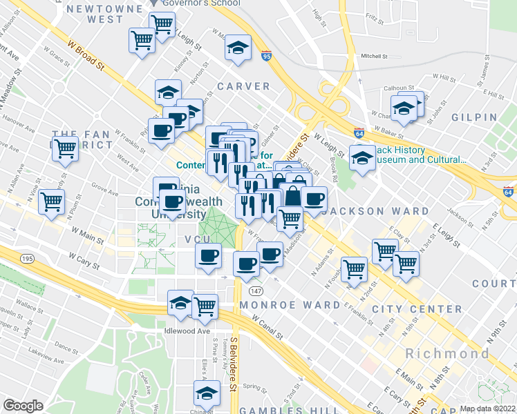 map of restaurants, bars, coffee shops, grocery stores, and more near 518w West Grace Street in Richmond