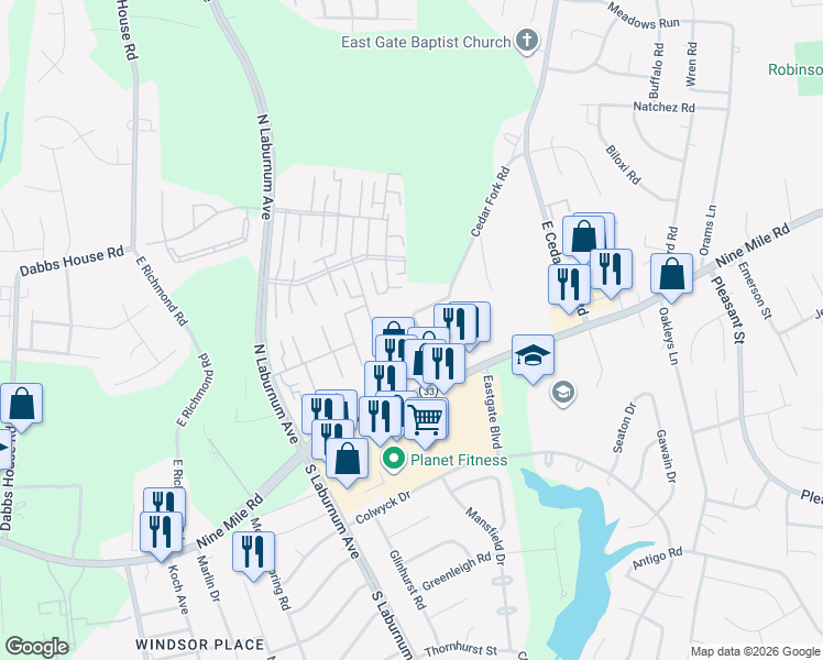 map of restaurants, bars, coffee shops, grocery stores, and more near 128 Cedar Fork Road in Richmond