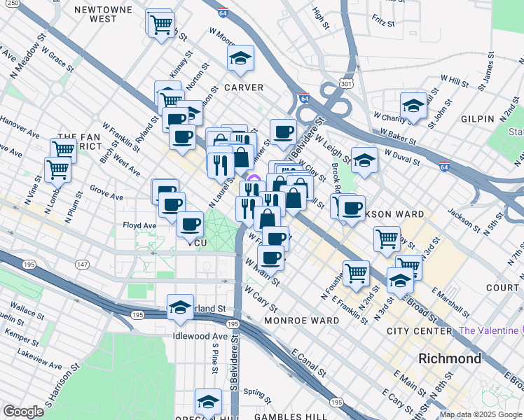 map of restaurants, bars, coffee shops, grocery stores, and more near 518w West Grace Street in Richmond