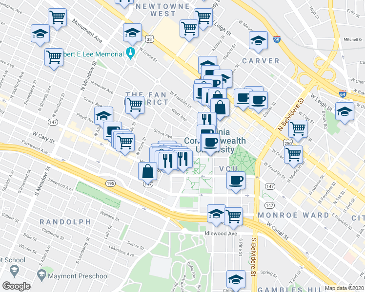 map of restaurants, bars, coffee shops, grocery stores, and more near 112 North Harrison Street in Richmond