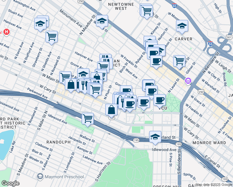 map of restaurants, bars, coffee shops, grocery stores, and more near 1402 Floyd Avenue in Richmond