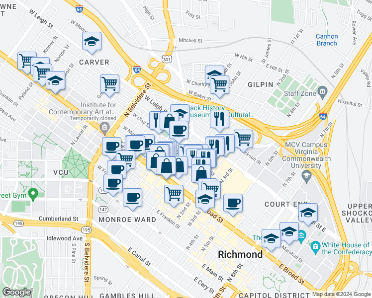 map of restaurants, bars, coffee shops, grocery stores, and more near 14 West Clay Street in Richmond