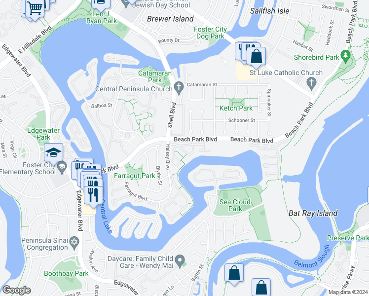 map of restaurants, bars, coffee shops, grocery stores, and more near 1117 Forrestal Lane in Foster City