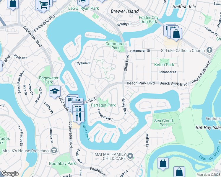 map of restaurants, bars, coffee shops, grocery stores, and more near 621 Bainbridge Street in Foster City