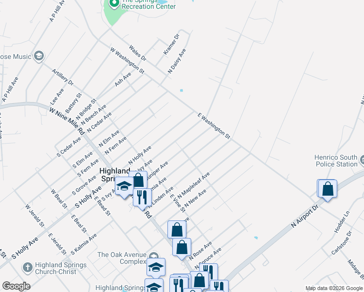 map of restaurants, bars, coffee shops, grocery stores, and more near 200 North Juniper Avenue in Highland Springs