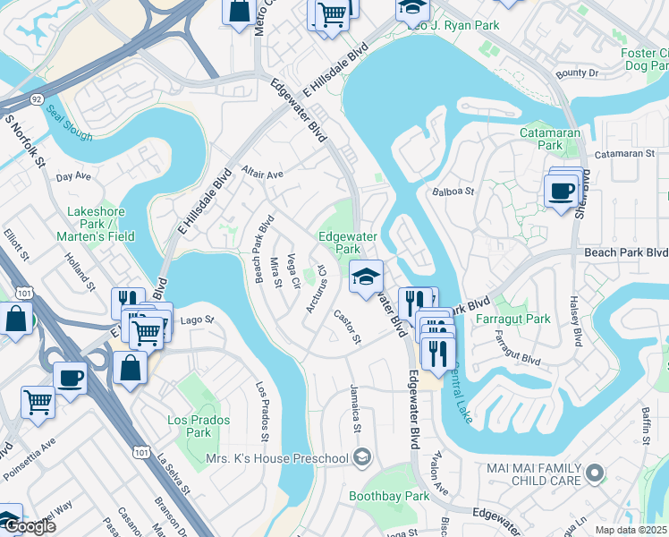 map of restaurants, bars, coffee shops, grocery stores, and more near 820 Polaris Avenue in Foster City