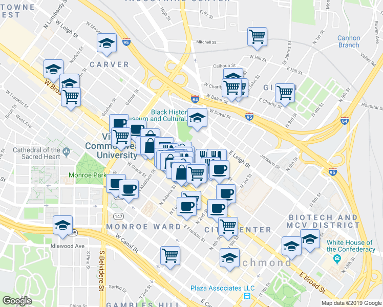 map of restaurants, bars, coffee shops, grocery stores, and more near 111 West Clay Street in Richmond