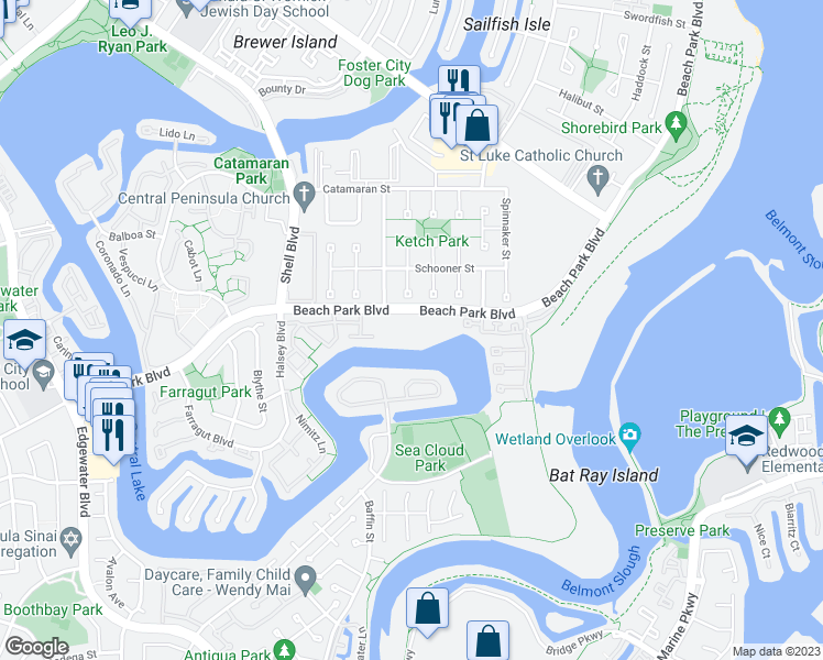 map of restaurants, bars, coffee shops, grocery stores, and more near 918 Beach Park Boulevard in Foster City