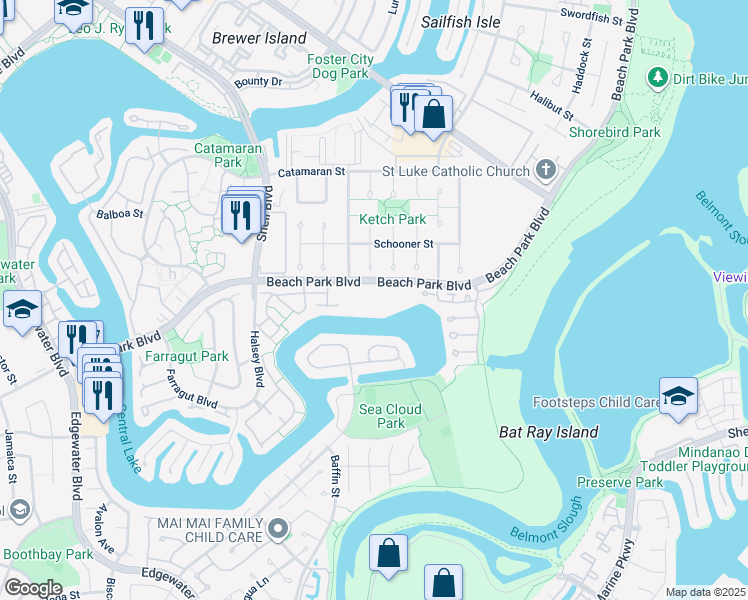 map of restaurants, bars, coffee shops, grocery stores, and more near 916 Beach Park Boulevard in San Mateo
