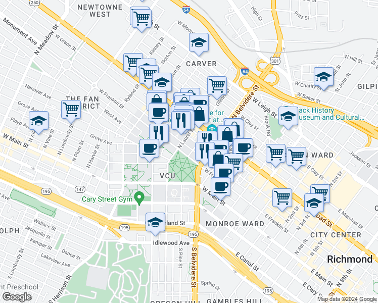 map of restaurants, bars, coffee shops, grocery stores, and more near 700 West Franklin Street in Richmond
