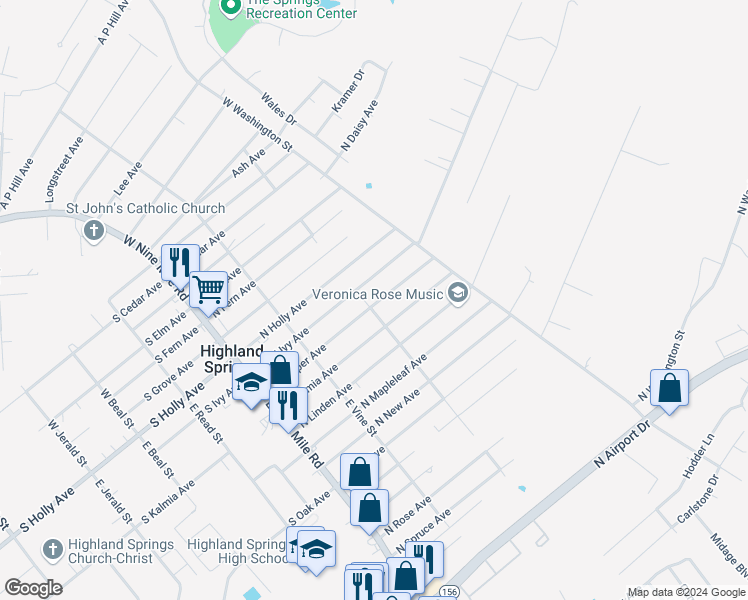 map of restaurants, bars, coffee shops, grocery stores, and more near 202 North Juniper Avenue in Highland Springs