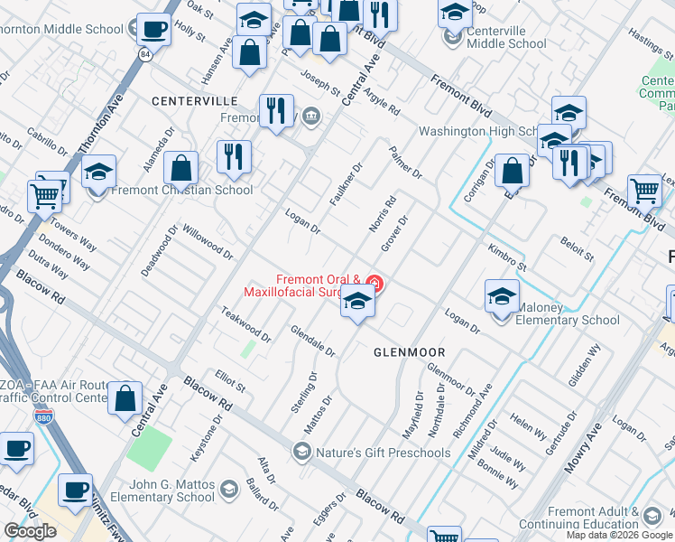 map of restaurants, bars, coffee shops, grocery stores, and more near 4524 Norris Road in Fremont