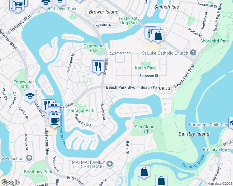 map of restaurants, bars, coffee shops, grocery stores, and more near 1102 Lord Ivelson Lane in Foster City