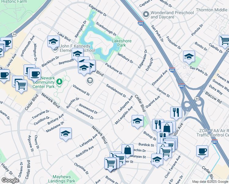 map of restaurants, bars, coffee shops, grocery stores, and more near 36171 Sandalwood Street in Newark