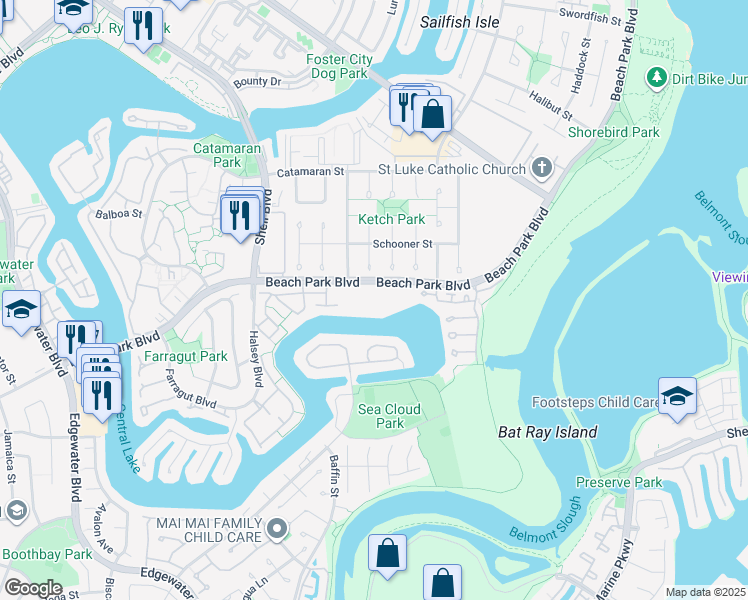 map of restaurants, bars, coffee shops, grocery stores, and more near 918 Beach Park Boulevard in Foster City